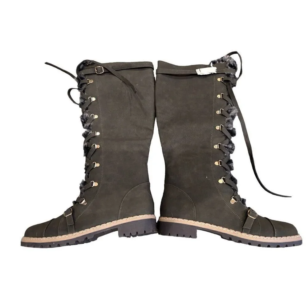 JustFab Women's Green Jylan Faux Fur Lace-Up High Shaft Boots Size 10